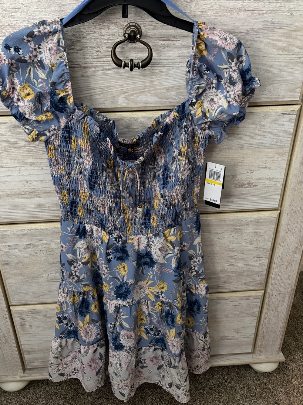 City Studio Floral Periwinkle Blue Smocked Puff Sleeve Dress Size Medium. NWT.